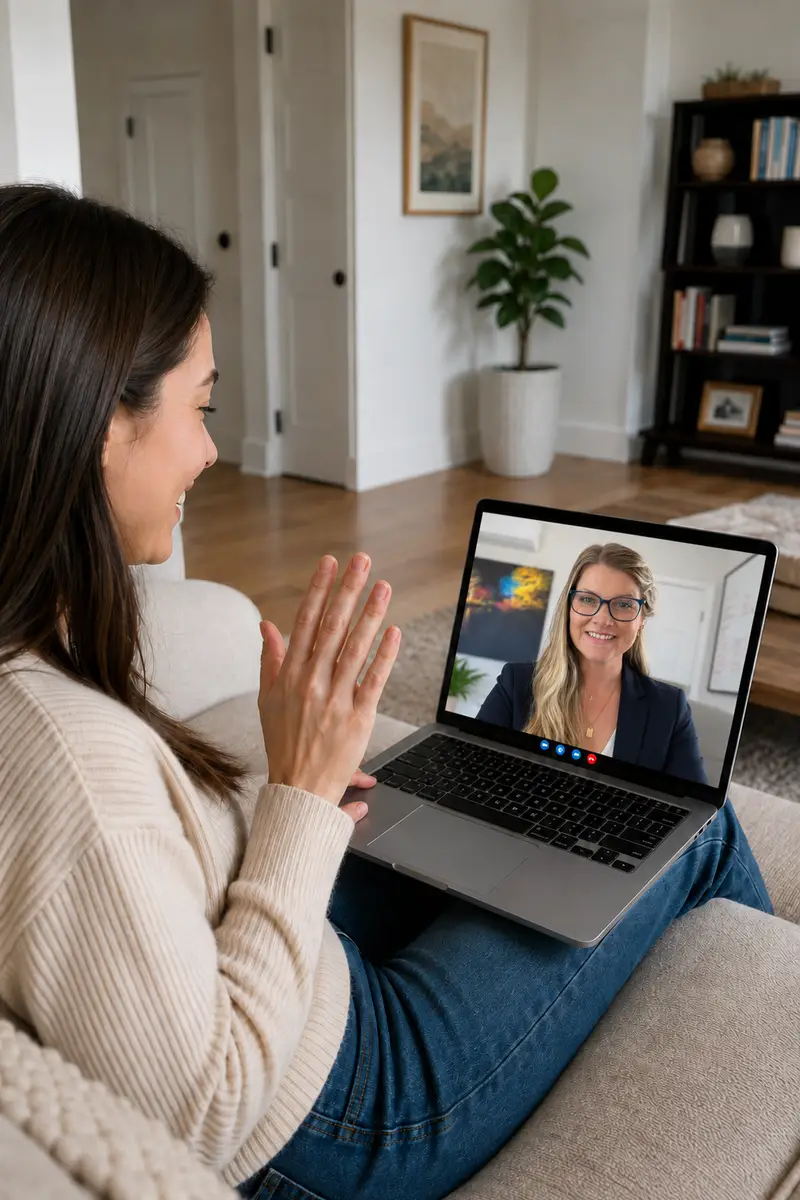 Woman participating in a video therapy session with her therapist from home