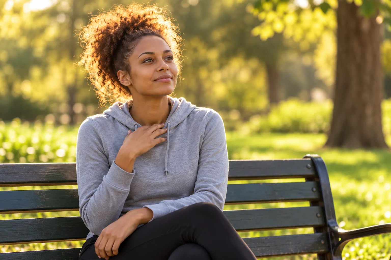 Young adult African-American woman sitting thoughtfully on a park bench