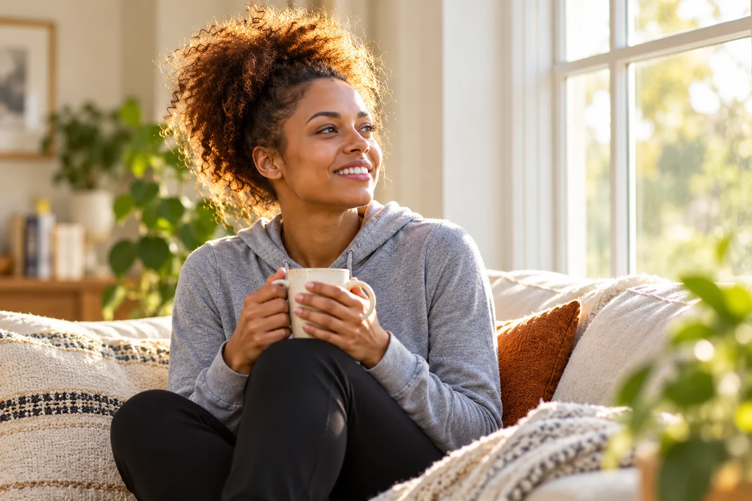Young adult African-American woman sitting by a sunny window with a cup of coffee