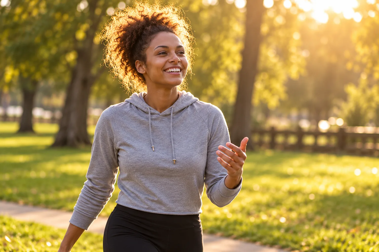 Young adult African-American woman smiling while walking outdoors in a sunny park